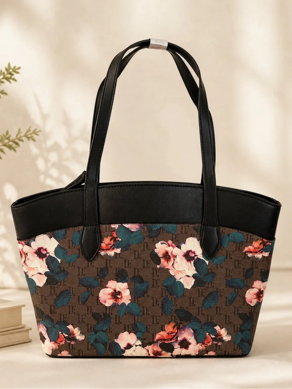 London Fog Floral Logo Tote Bag Brown Black Gold Large Shoulder Handbag